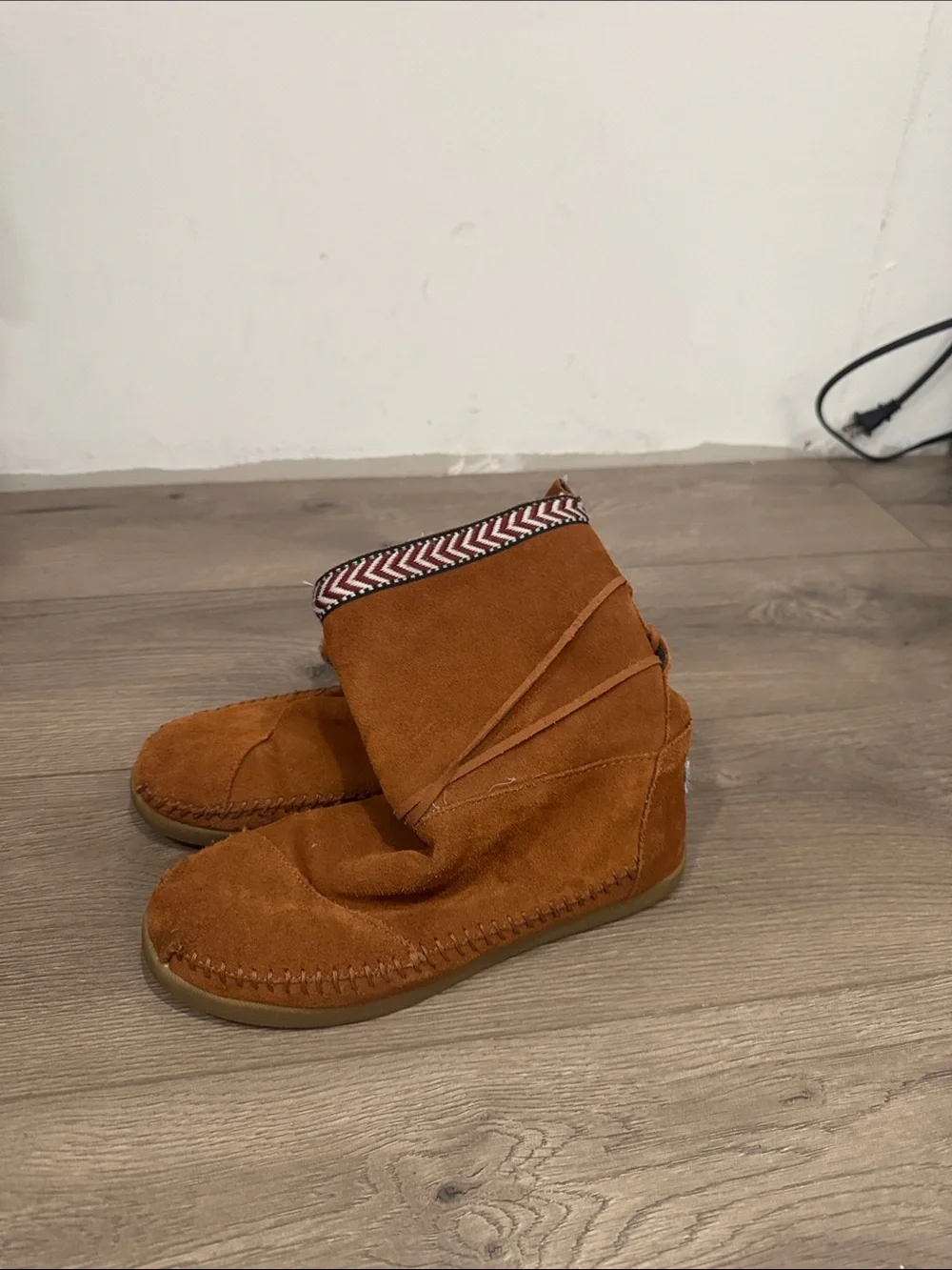 Toms Suede Moccasin Boot in Chestnut Brown with Patterned Trim